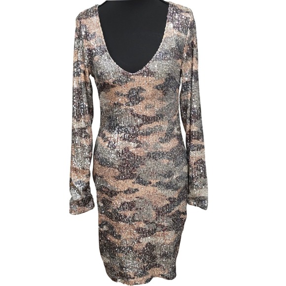 Venus Camo Sequin Long Sleeve V Neck Bodycon Mini Dress Size S - Picture 2 of 8